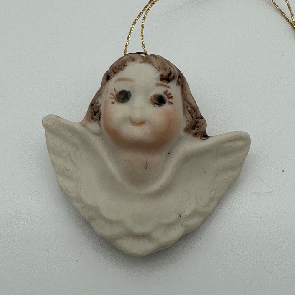 Vintage Ceramic Angel Cherub Head Ornament Hand Painted Bisque Wings White Brown